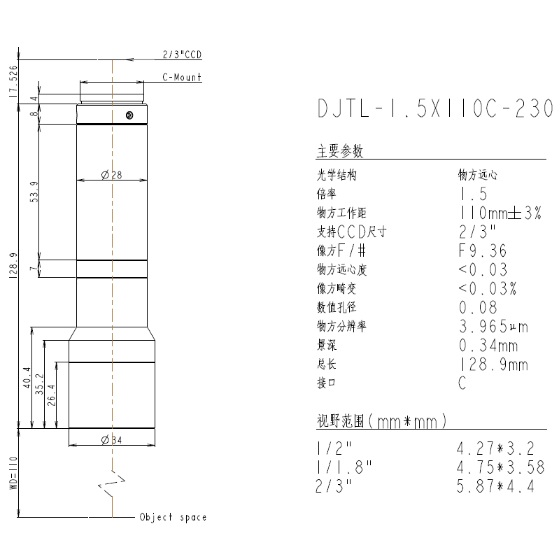 DJTL-1.5X110C-230远心镜头规格书