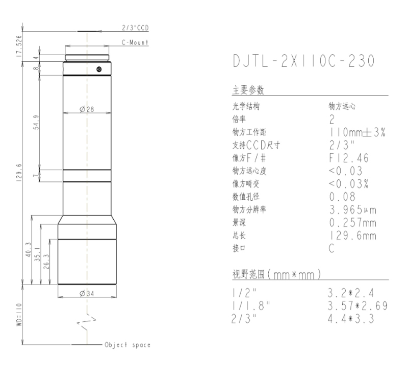 DJTL-2X110C-230远心镜头规格书