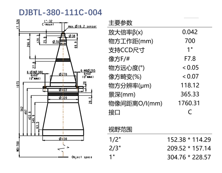 DJBTL-380-111C-004双远心镜头参数