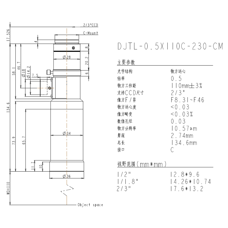 DJTL-0.5X110C-230-CM远心镜头规格书