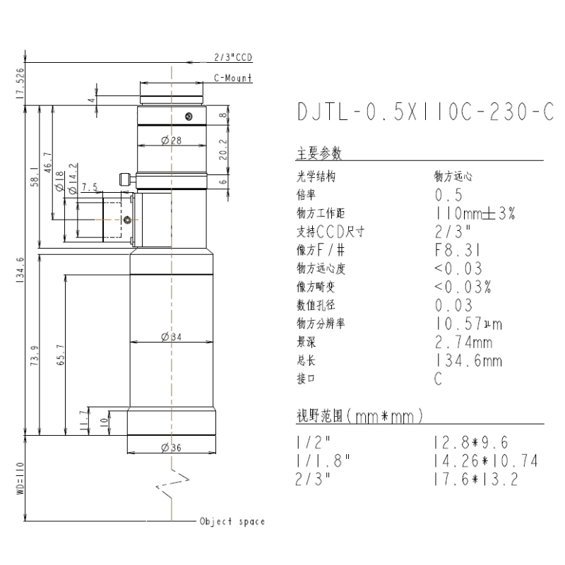 DJTL-0.5X110C-230-C远心镜头规格书