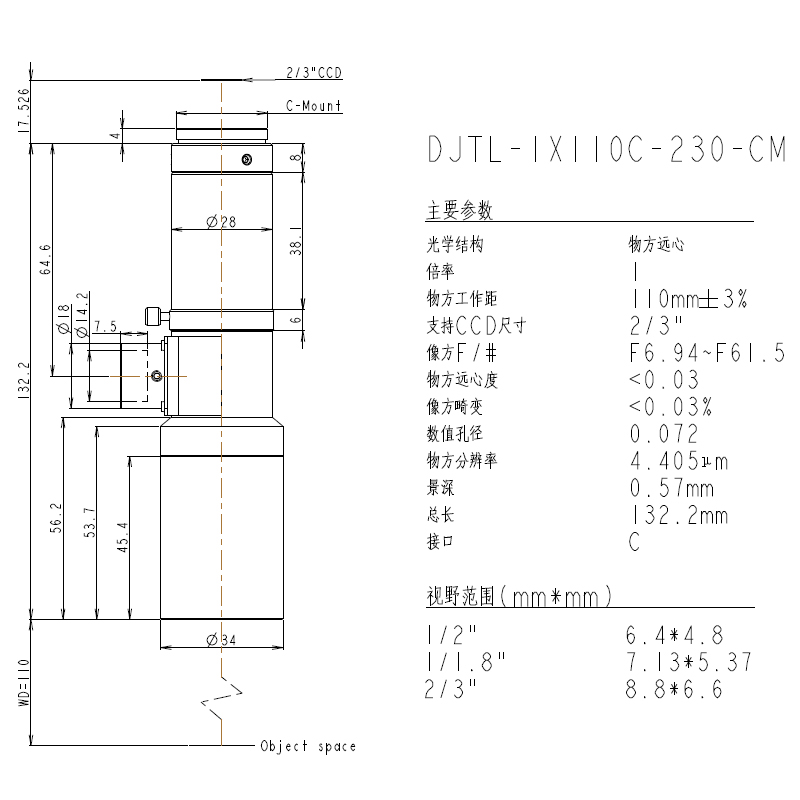 DJTL-1X110C-230-CM远心镜头规格书